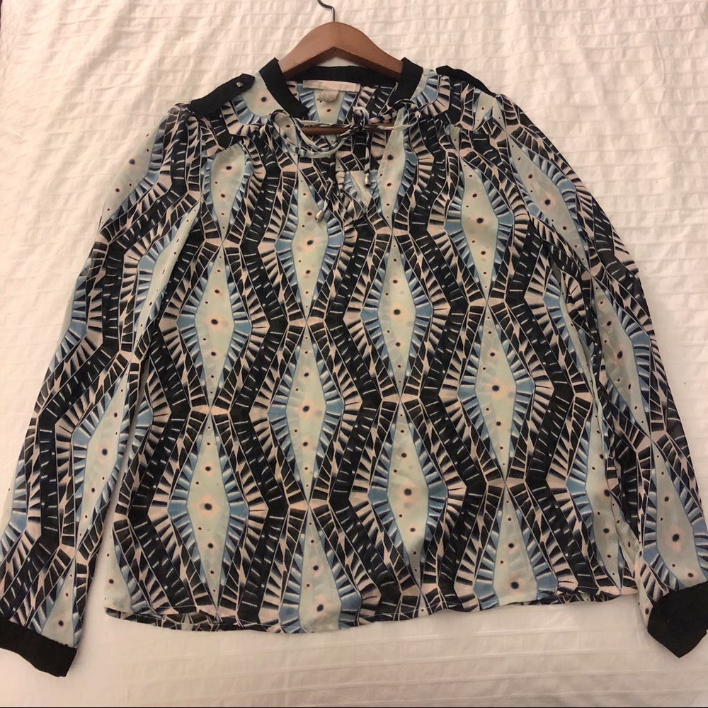 Geometric Long Sleeve Blouse with Ties